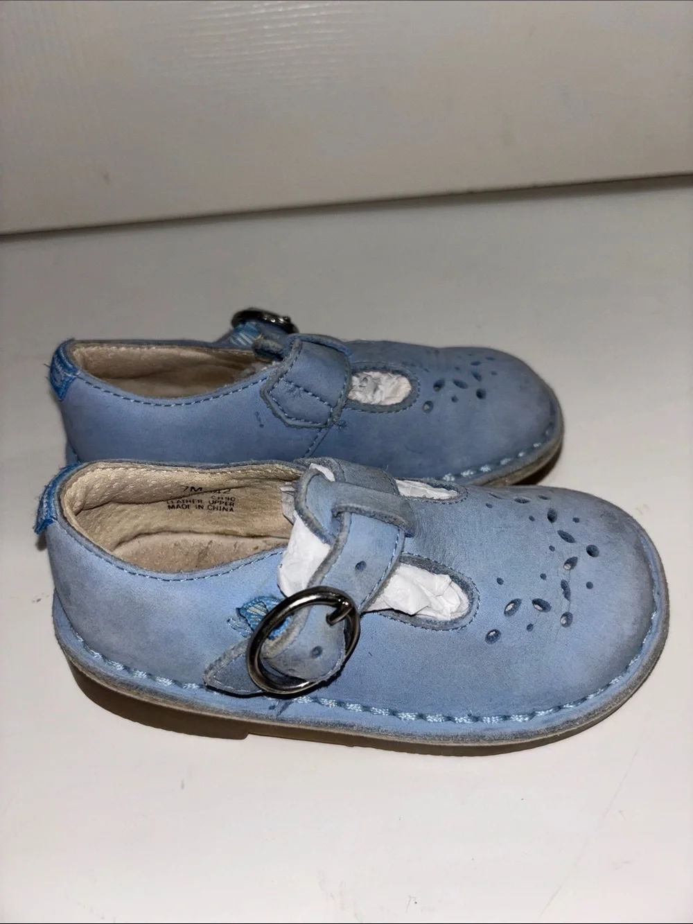 Stride Rite Light Blue Leather T-Strap Kids Sandals